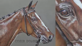 Grand tableau d'un cheval de courses réalisé aux crayons de couleurs