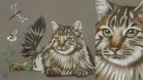 Portrait d'un chat très intéressé par des libellules réalisé aux crayons de couleurs